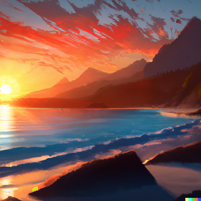 sunset over a beach, a sunset over a mountain range, digital art