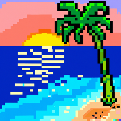 sunny beach scene with palm trees, crystal clear water, and a colorful sunset., pixel art