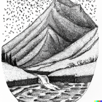 A mountain landscape with a river, dotted-pen art