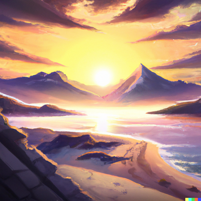 sunset over a beach, a sunset over a mountain range, digital art