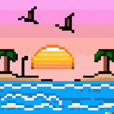 sunny beach scene with palm trees, crystal clear water, and a sunrise with birds, pixel art