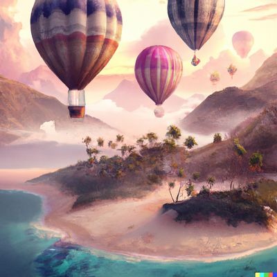 Hot air balloons with a sunny beach scene, palm trees, crystal clear water, and a colorful sunset, digital art