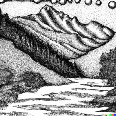 A mountain landscape with a river, dotted-pen art