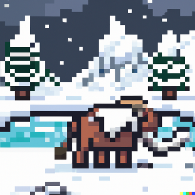 mammoth walking a snowy mountain landscape with a river, pixel art