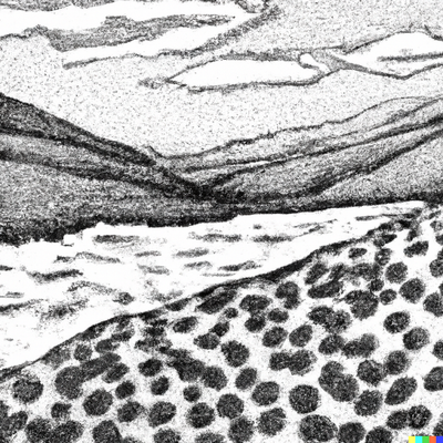 A mountain landscape with a river, dotted-pen art