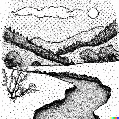 A mountain landscape with a river, dotted-pen art