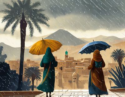  two Moroccan women holding umbrellas during a rain storm - setting winter behind palm tree
