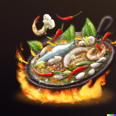 Flaming hot Thai food, digital art