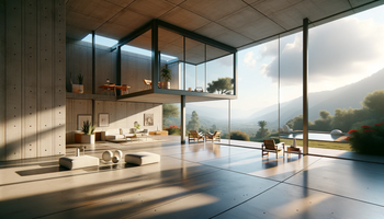 Interior of a cube-shaped house inspired by Le Corbusier, focusing on the modernist style with stunning views of the environment.