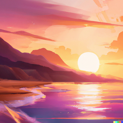 sunset over a beach, a sunset over a mountain range, digital art