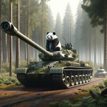 A panda riding a military tank, set against a woodland backdrop.