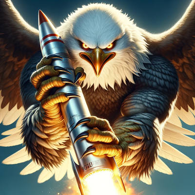 Artwork depicting a mean-looking bald eagle grabbing a rocket during liftoff. avatar