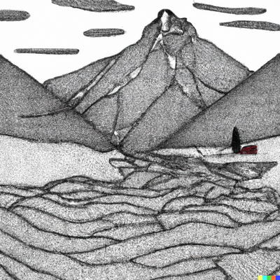 A mountain landscape with a river, dotted-pen art