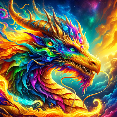 A colorful dragon avatar, featuring a magical blend of vibrant hues and fiery gold.