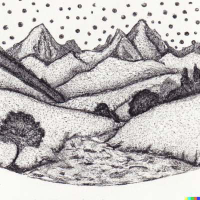 A mountain landscape with a river, dotted-pen art