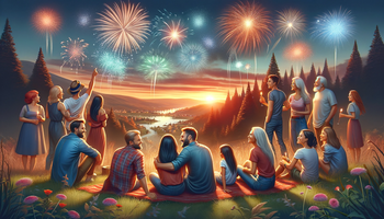 Wallpaper featuring a small group of friends and family in a beautiful environment, watching a fireworks display.