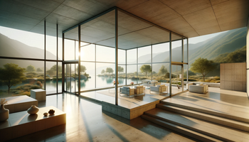 Interior of a cube-shaped house inspired by Le Corbusier, focusing on the modernist style with stunning views of the environment.